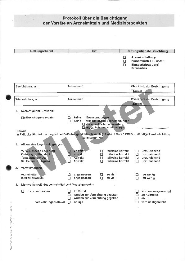 Protokoll über die Besichtigung der Vorräte an Arzneimitteln und Medizinprodukten